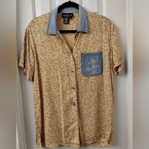 Vintage Carol Little Sport Yellow Patchwork Embroidery Pocket Rayon Top Size 4